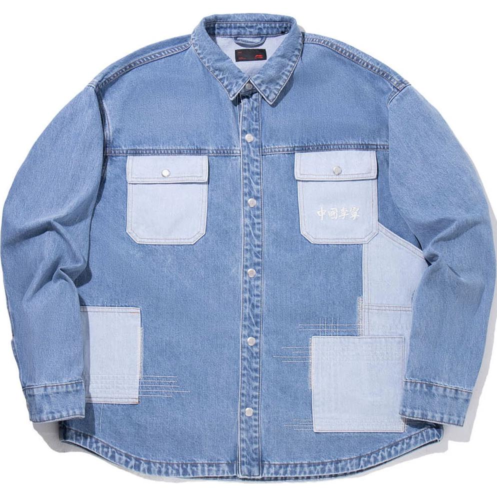 

Li Ning Модная спортивная серия Удобная повседневная Простая куртка из денима с воротником поло на одной пуговице Мужские куртки Средне-синий деним ASHV133-1 M