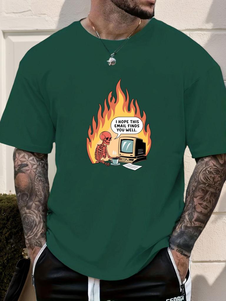 Mens Casual Tshirt Skeleton Flame Email Print Short Sleeve Round Neck Breathable Soft Oversized Humorous Daily Tee