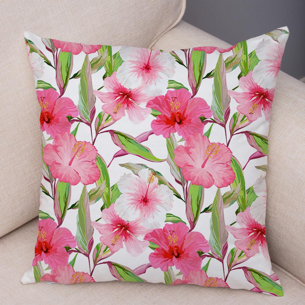 Tropical Floral Cushion Cover Pink Hibiscus Flower Leaf Print Soft Fabric Living Room Sofa Home Decor Pillow Case