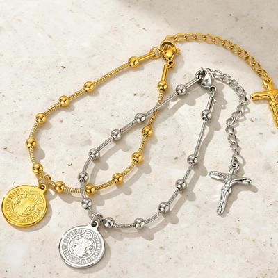 Pulsera de Cadena de Cuentas de Acero Inoxidable Colgante de San Benito Virgen María Joyería de Fe Regalos de Pascua Para Mujeres Hombres