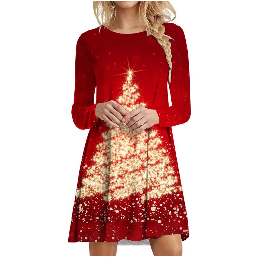 Shiny Stars Christmas Tree Print Dress Elegant Women Fashion Long Sleeve Loose Dress 2023 Autumn Winter Casual Party Mini Dress