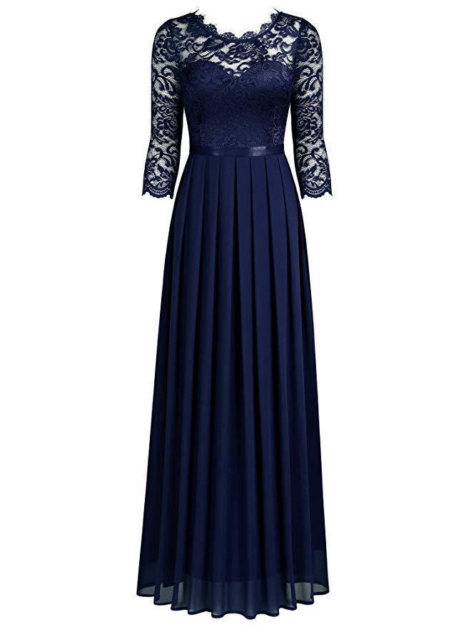 European Style Chiffon Lace Long Evening Dress - Women's Round Neck Gown
