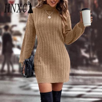 HNXC Moda Mujer Casual Color Sólido Estampado Otoño Invierno Manga Larga Cuello Alto Suéteres Sueltos Vestidos