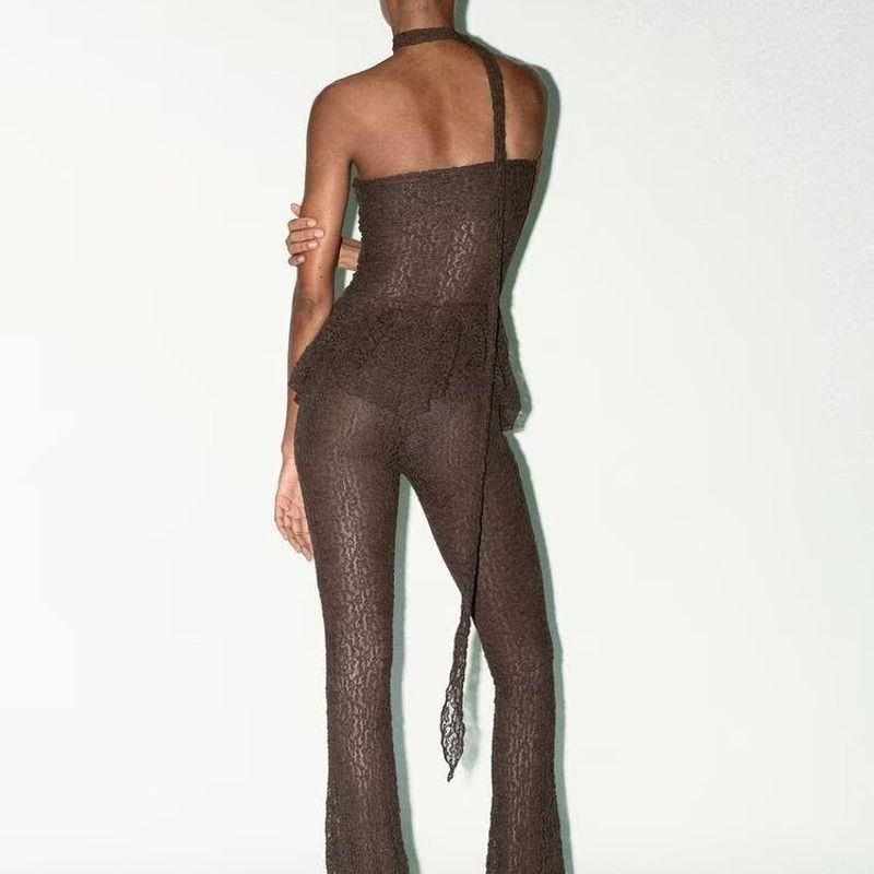 Zbzr Spring New Women Clothes Transparent Slim Fit Scarf Lace Top Trumpet Pants 6050325 6050339