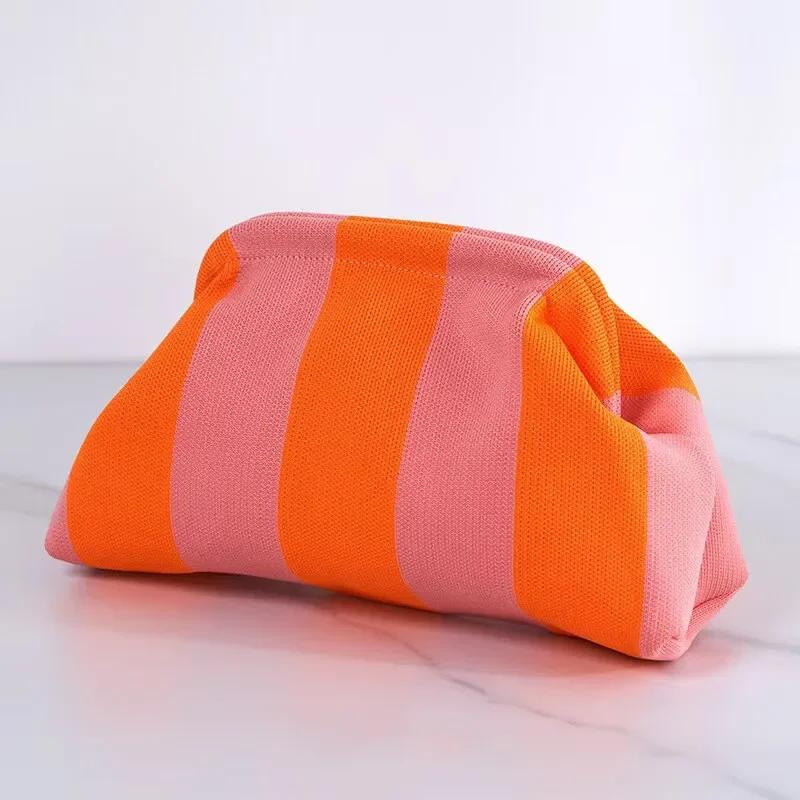Women Handbag Colorblock Knitted Women Bag Large Mouth Cosmetic Cellphone Keys Stoarge Pouch Summer Beach Clutch Lady Purse