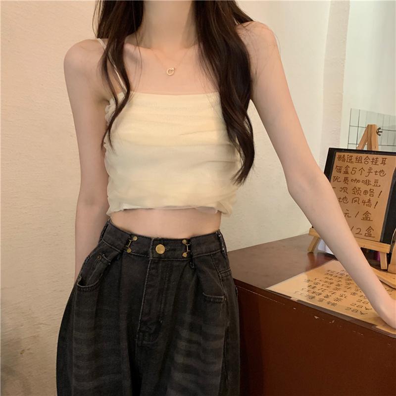 White Mesh Suspender Tank Top for Women's Summer Short Slim Fit and Strapless