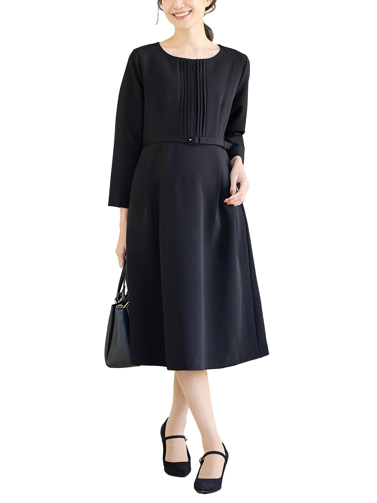 

Maternity Nursing Clothes One Piece Stretch Side Tuck Flare Long Sleeve Dress Formal Shrine Visit Office M Black [ANGELIEBE] чорний