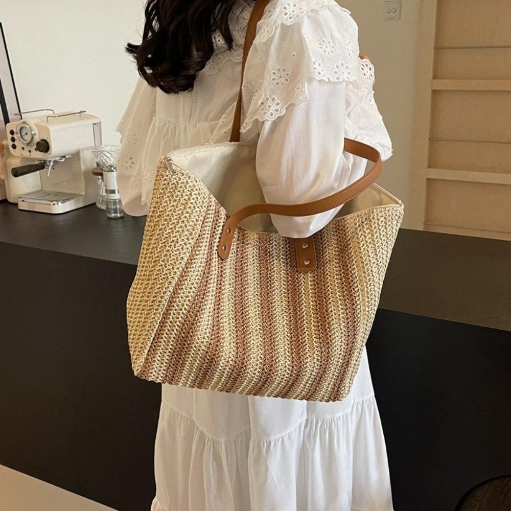 Striped Straw Shoulder Bag Bohemian Women Shopping Handbag Portable Weave Tote Bag Girl