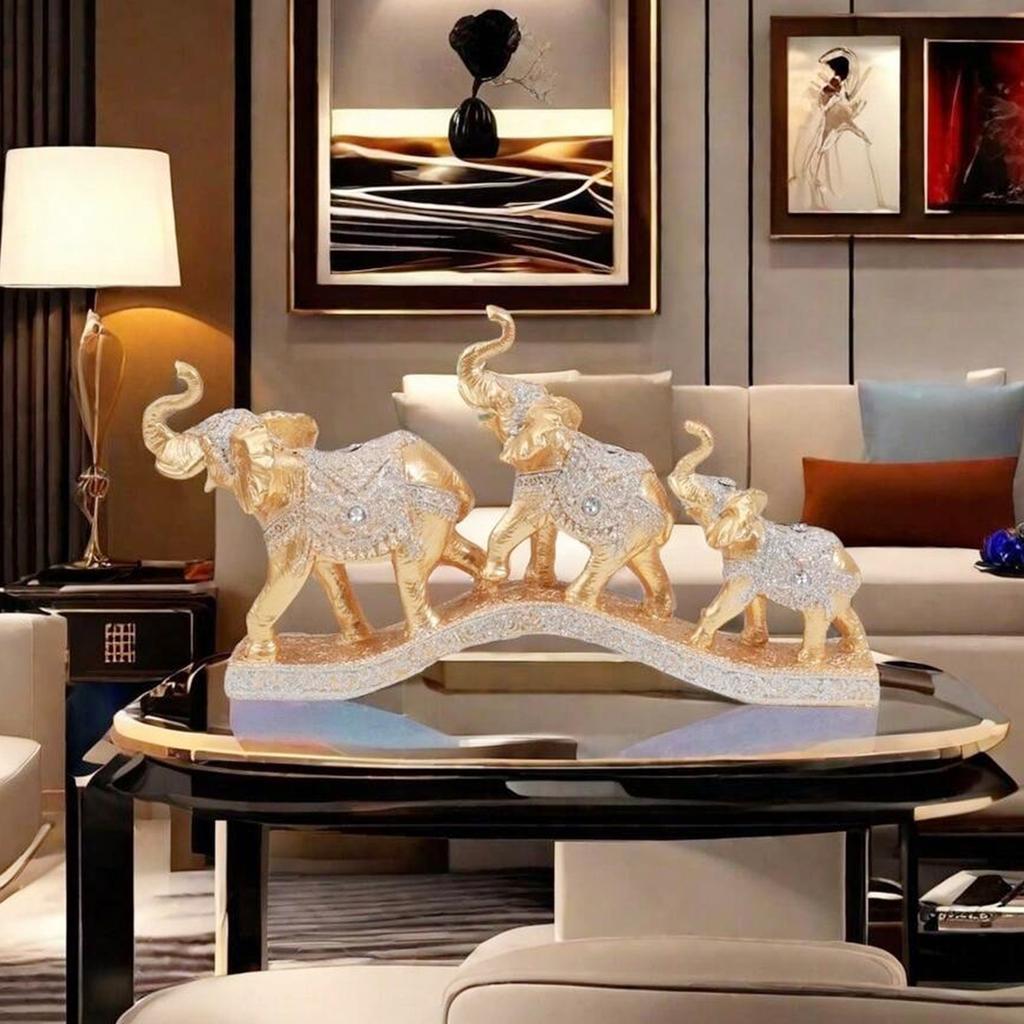 1Pc Resin Feng Shui Golden Three Elephant Decorative Ornaments, Elephant Collection Statues, Suitable for Home, Desktop Decoration Ornaments