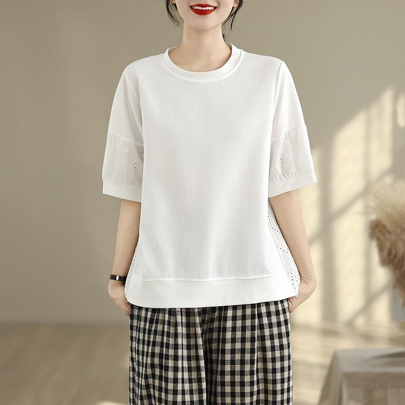 Dimanaf 2025 New Summer Women Plus Size T-Shirt Short Sleeve Loose Basic Casual Tops Solid Hollow T-Shirt O-Neck