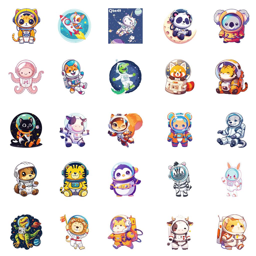50 Fine Astronaut Stickers Cute Cartoon Small Animal Rocket Stickers DIY Water Cup Refrigerator