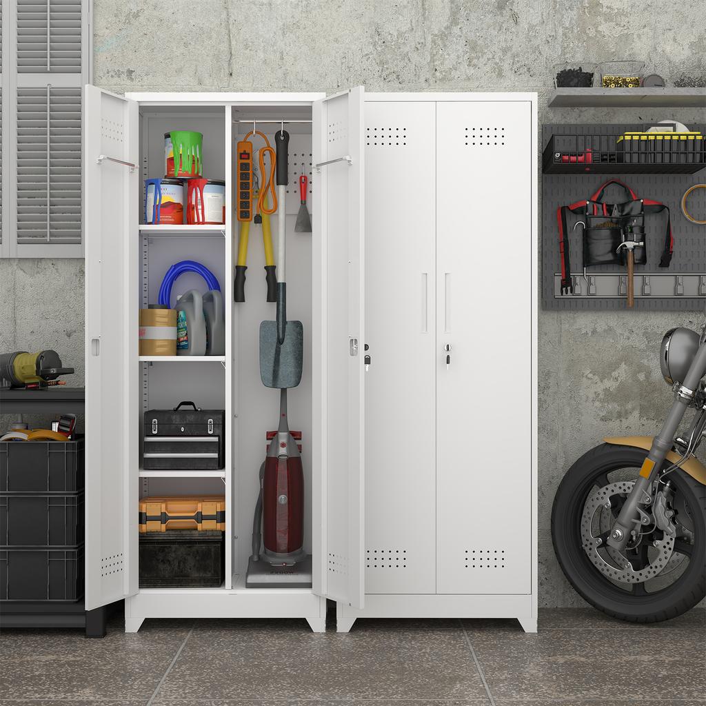 White 65" Metal Cleaning Tool Storage Cabinet with Locking Doors, Shelves, Hanging Rod & S-HooksW