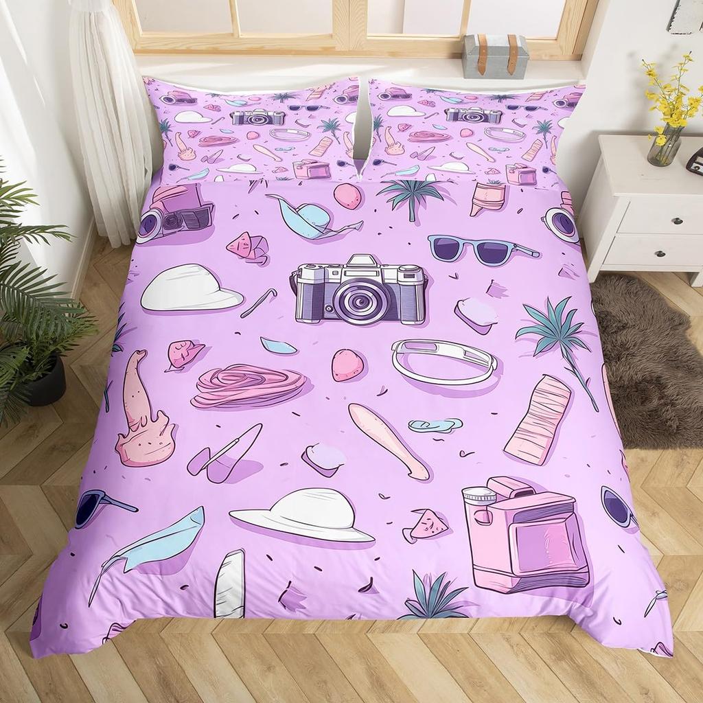 Camera Duvet Cover Set for Kids Teens Queen Lightweight Down Quilt Covers Bedroom Decor 2 Pillowcases 1 Duvet Cover No Comforter