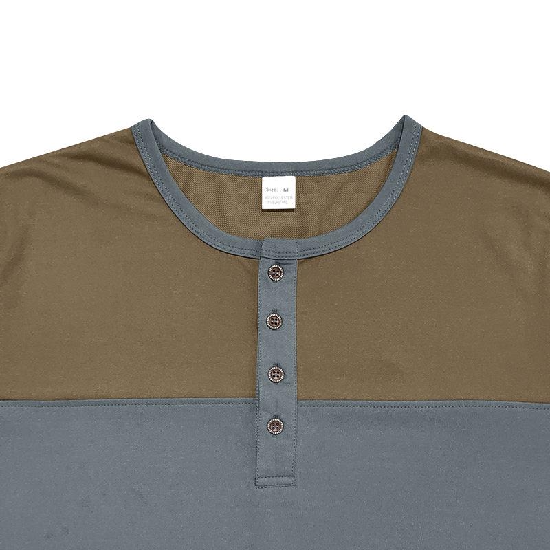 Vintage Patchwork Mens Crew Neck T Shirts Autumn Long Sleeve Contrast Color Buttoned Tops for Men Casual Slim Pullover Male Tees