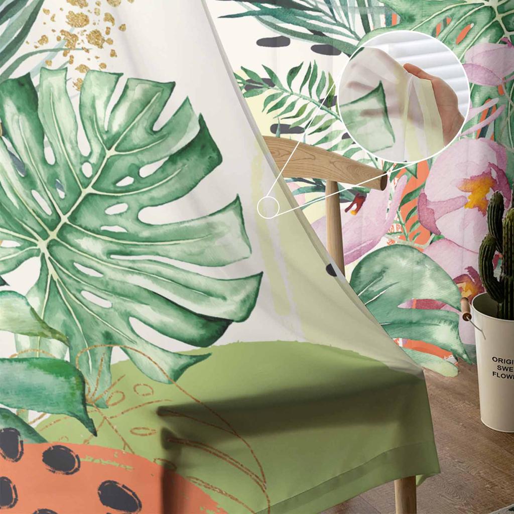 Summer Tropical Palm Leaf Watercolor Window Tulle Curtains for Living Room Bedroom Hotel Luxury Decoration Sheer Curtains