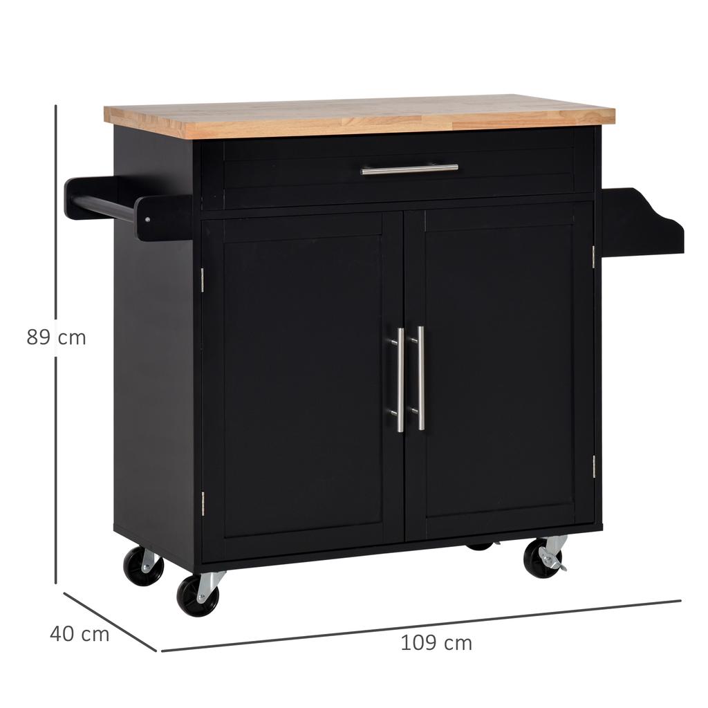 Kitchen Trolley, Cabinet with Doors, Drawer, Mobile Spice Rack, 109 x 40 x 89 cm, Black