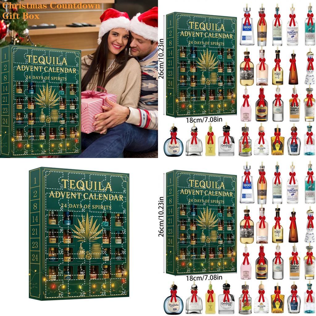 Calendar Advent de Crăciun Sticlă de Tequila Cu Decorațiuni Plate Acrilice Pentru Schimb de Cadouri de Sărbători