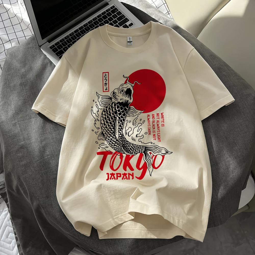 Tokyo Japan Koi Prints Tshirts Unisexs Summer Tops Comfortable Oneck Short Sleeve T Shirts Street Soft Clothes