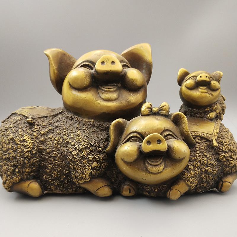 Antique Collection Family Of Three Happiness Ornament Brass Zodiac Pig High13.5cm Wide22cm