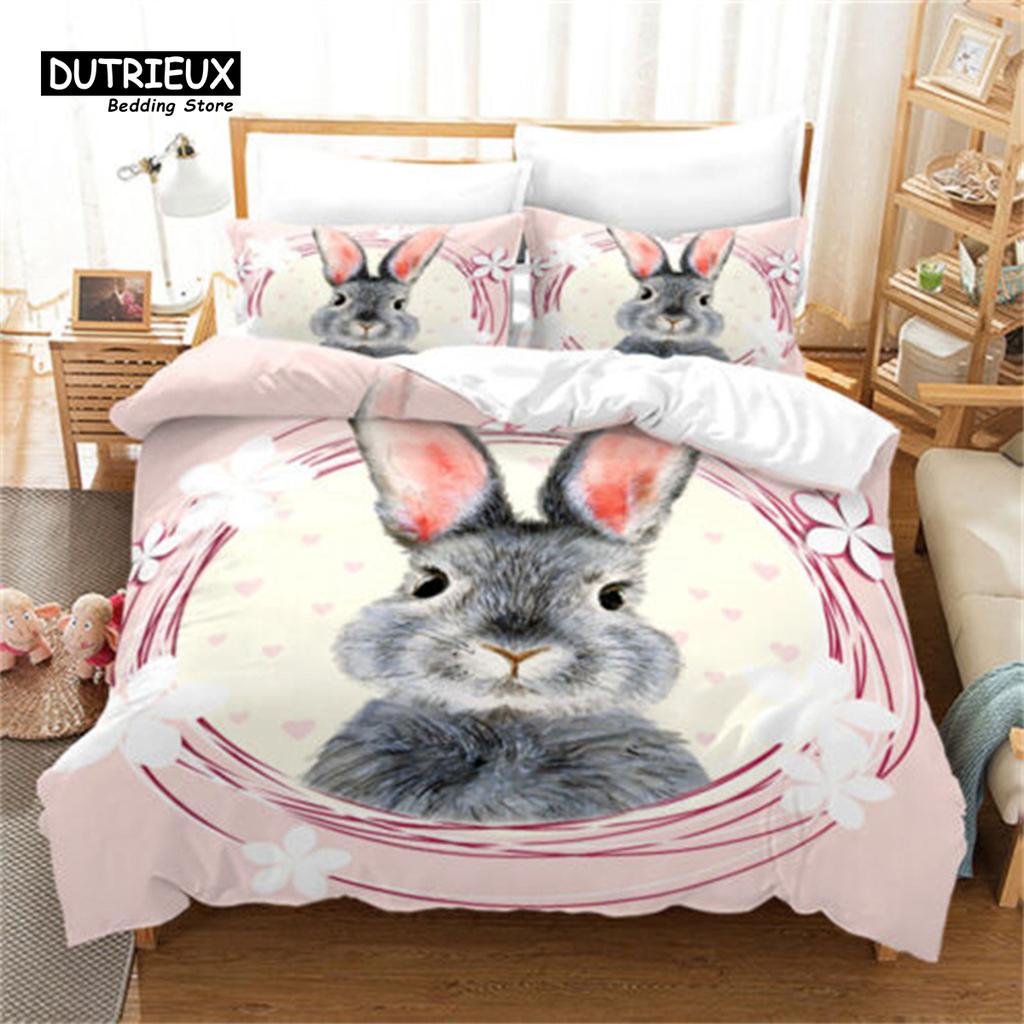 Bunnies Duvet Cover Mushroom Floral Bedding Set Cute Animal Rabbit Quilt Cover Twin Size Greetings and Presents for Easter Day