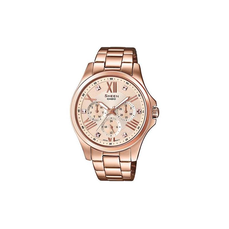 

Casio SHEEN series three eyes and three circles design rose gold crystal watch business quartz movement stainless steel strap Japanese SHE-3806PG-9A золотой