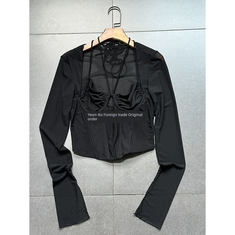 Foreign Trade Original Order Large Sexy Black Mesh Early Autumn Fishbone Long Sleeves Silm Midriff-Baring Top Sexy Square-Cut Collar