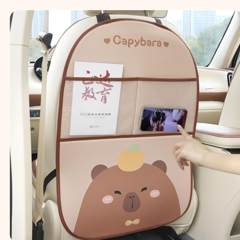 1pc Cute Capybara Car Seat Back Storage Bag Cover Protector for Kids Anti-kick Pad Cartoon Leather Accessories Cartoon Interior