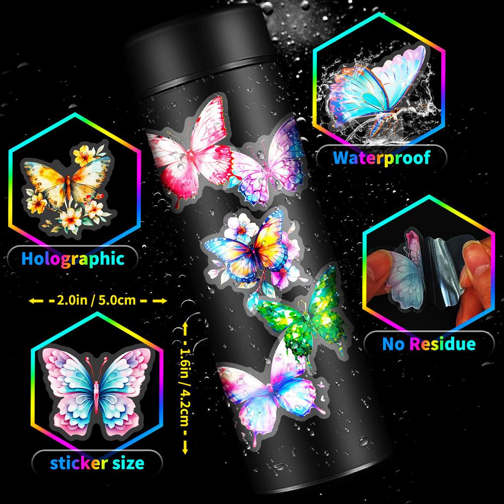 50 PET Farbige Schmetterlingsaufkleber Wasserdichte Aufkleber DIY Wasserbecheraufkleber Handyhülle Dekoration Niedliche Kleine Aufkleber Schmetterlingsaufkleber