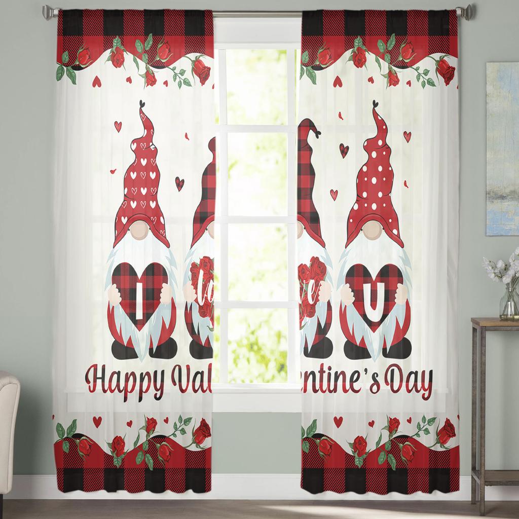 Valentine 'S Day Gnome Love Roses Tulle Curtains For Living Room Kitchen Sheer Voile Curtain Bedroom Window Panels