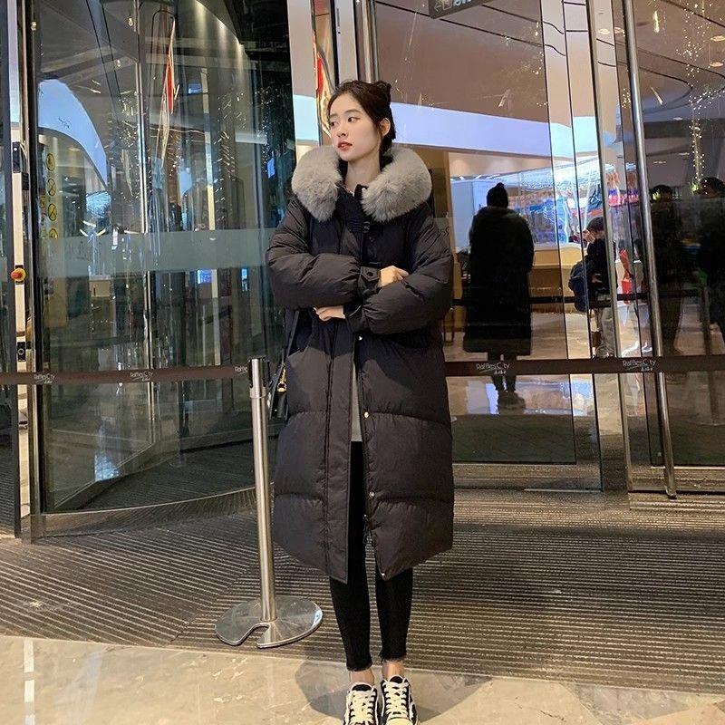 Long Over-the-knee Hooded Down Cotton Coat for Women Winter Big Fur Collar Thick Cotton Coat Trend Parkas Jackets