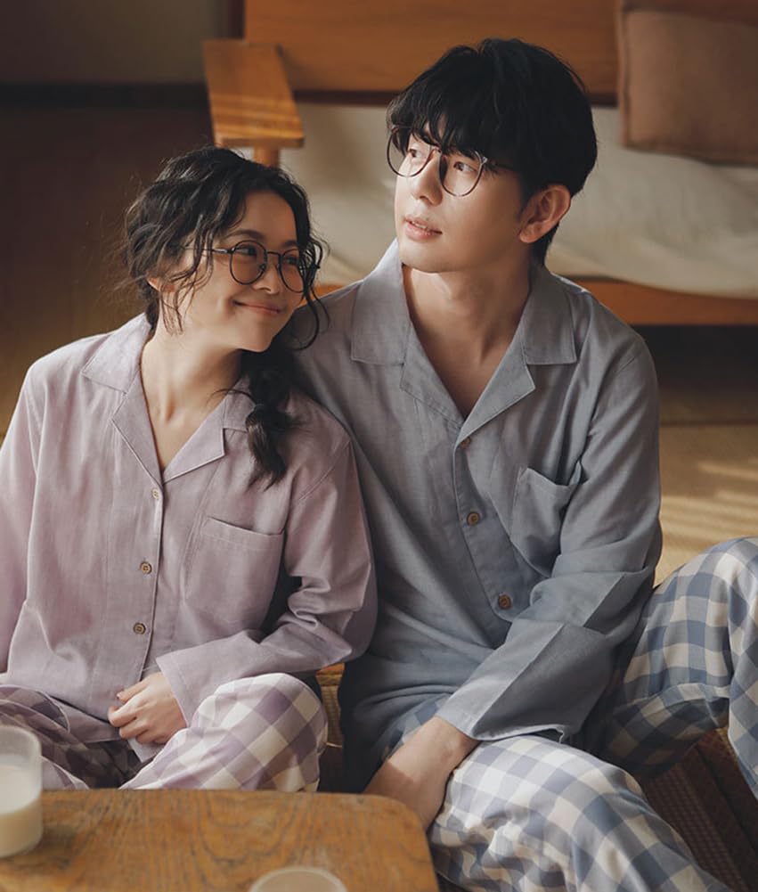 Euyqs Cotton Double Gauze Pair Light Purple Women's Pajamas, Loungewear, (JP, Alphabet, 2XL, Check)