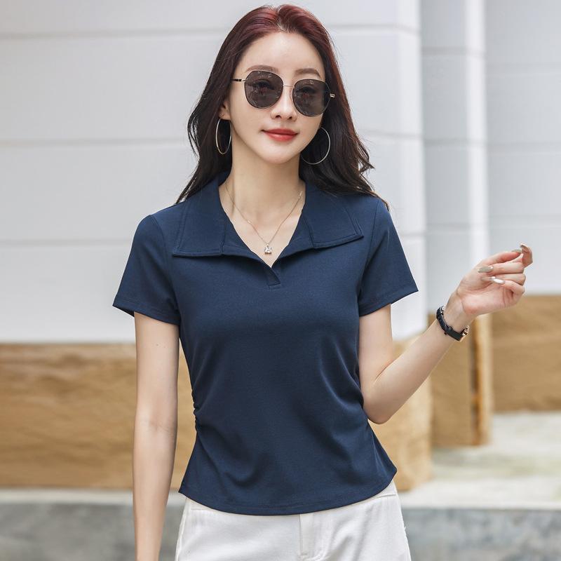Turn-down Collar Short Sleeve T-shirt White Polo Shirt Women's Summer New Style Elegant Top Solid Color Casual T-shirt