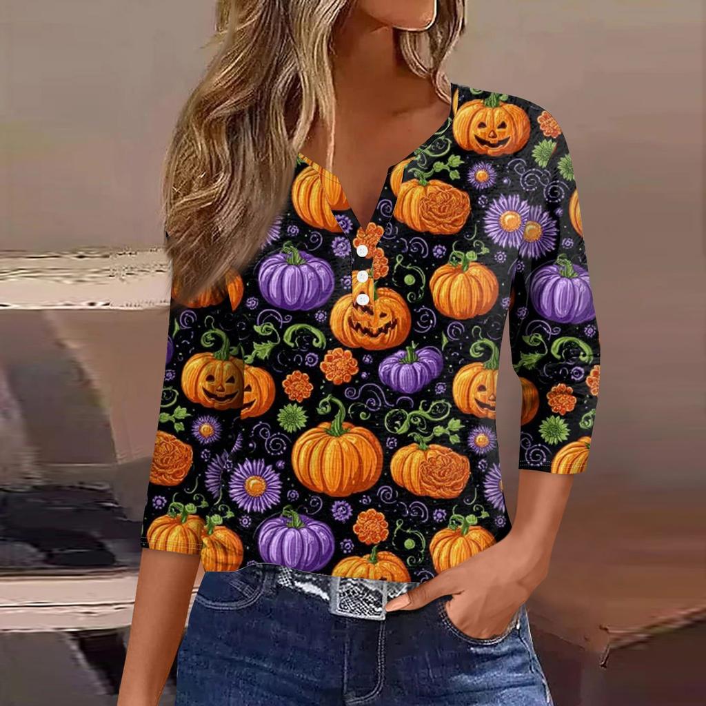 Damen V-Ausschnitt Knopf Halloween Dreiviertelarm T-Shirt Top