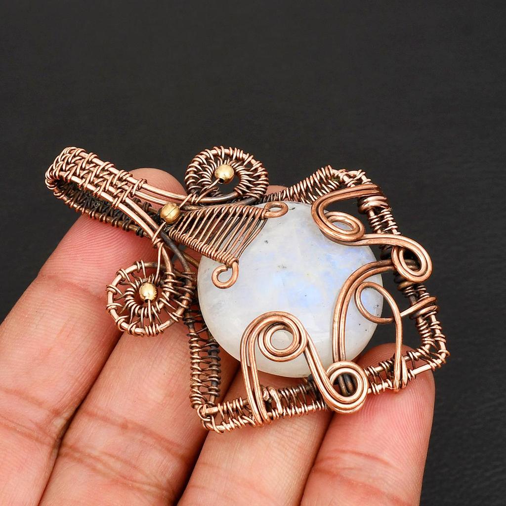 Artisan Copper Wire Wrapped Pendant Rainbow Moonstone Gemstone Unique Anniversary or Birthday Gift for Her