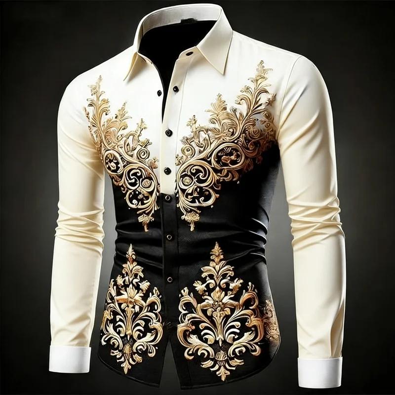 Men's Plus Size Hawaiian Shirt Long Sleeved Button Up Retro Floral 3D Print Gold Exquisite Pattern Fashionable 12 Colors Availab