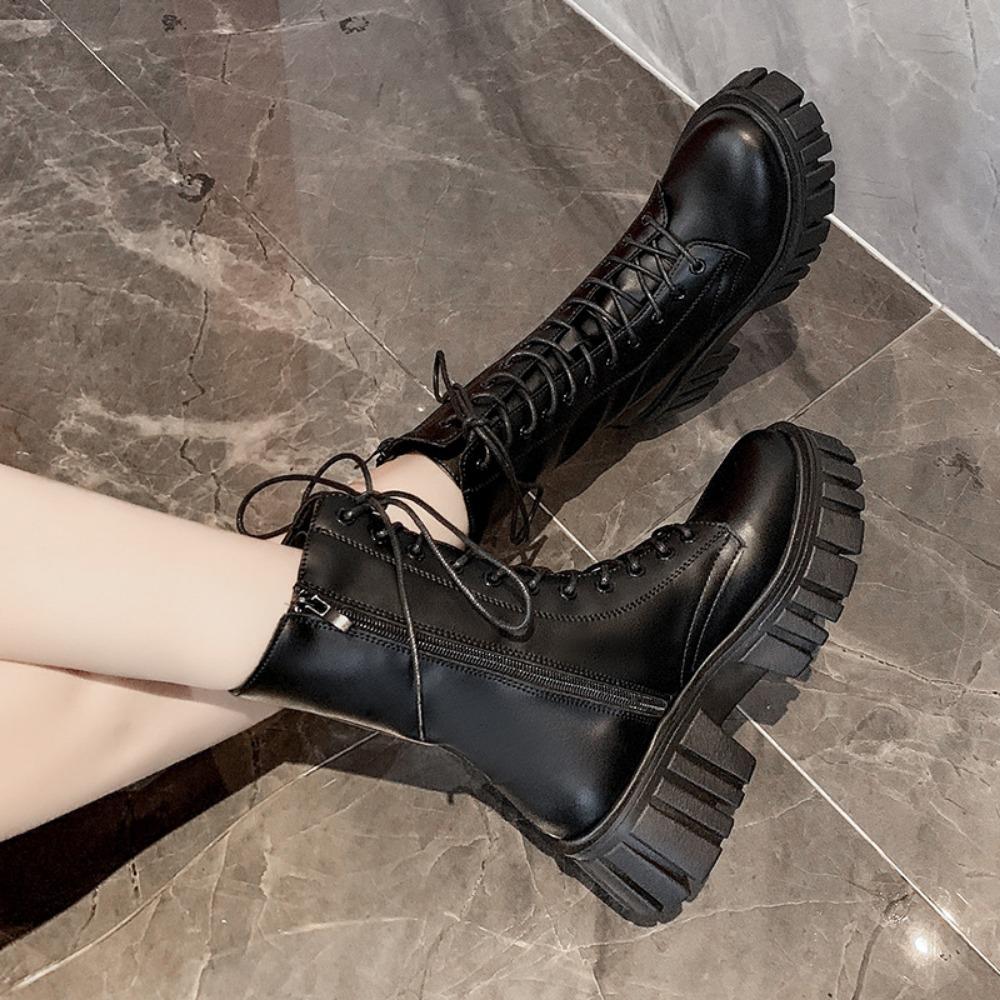 Women's Boots Fashion Mid Calf Boot PU Leather Casual Boots Non-Slip Platform Boots for Women Lace Up Ankle Boot