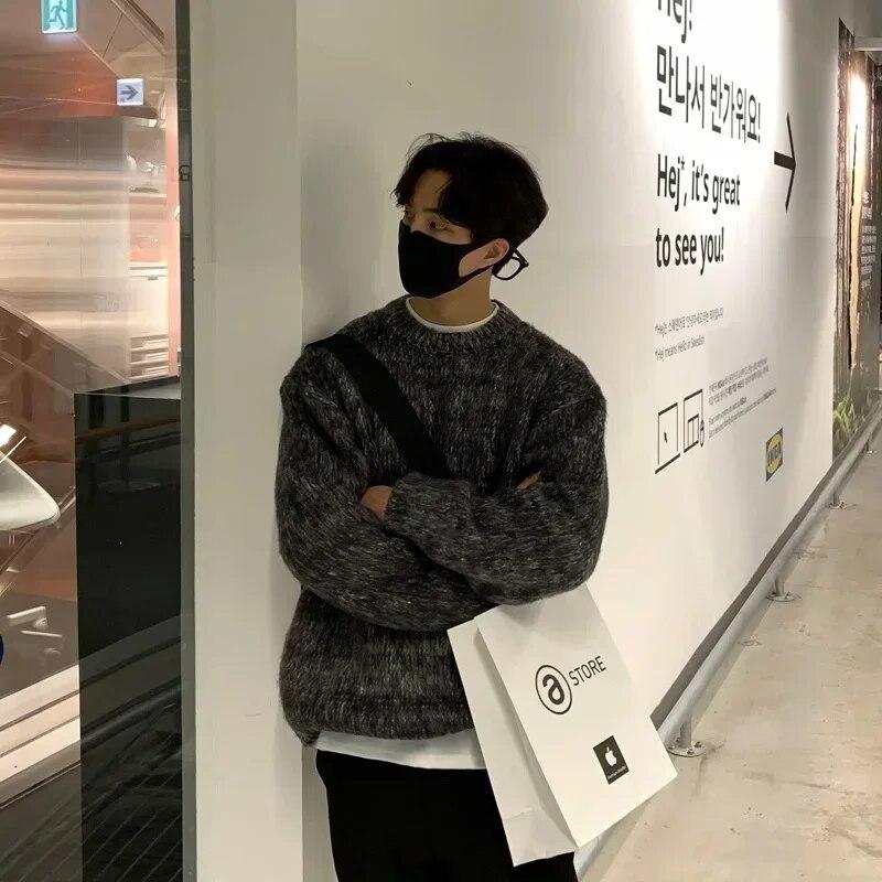 Πράσινο Ανδρικό Ρούχο Πουλόβερ Ιαπωνικό Vintage Μονόχρωμο Υπερμεγέθη Κασουάλ Πουλόβερ Πλεκτό Πουλόβερ Χειμερινό Μακρυμάνικο Κορεατικά Ανδρικά Ρούχα