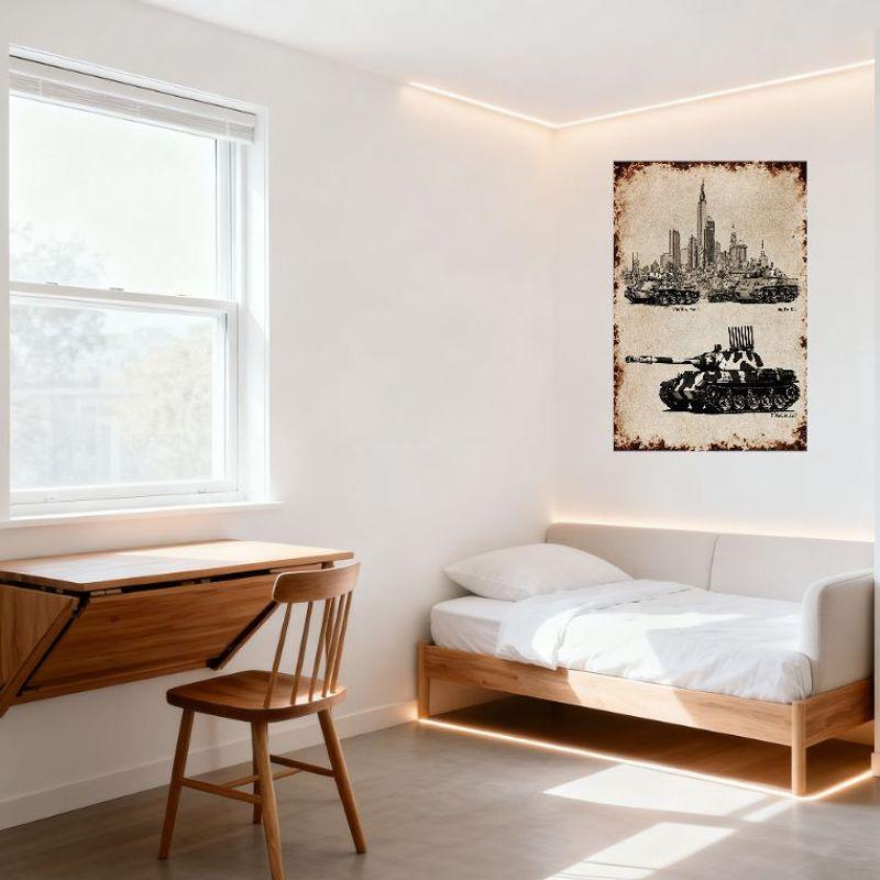 Sexy Vintage Military Tanks City Skyline Tin Sign Metal Wall Decor - WWII Style Tech Drawing for Bar Pub Home Cafe 8x12 Inch