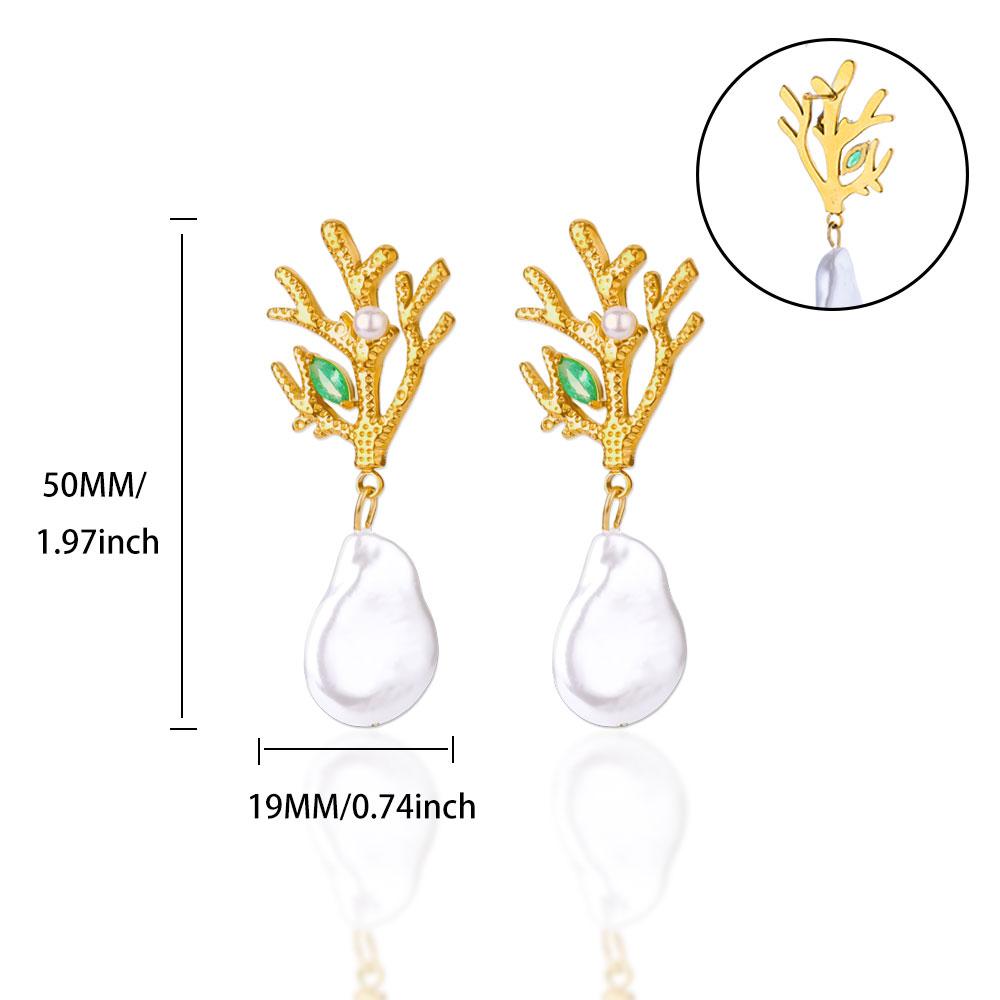 

Free Shipping Bohemian Coral Twig Imitation Pearl Drop Earrings for Women Stainless Steel Zirconia Earrings Fashion Zircon Gift