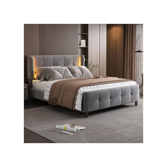 Letto imbottito - MUVOE - 140x200 cm - LED 16 colori - Testiera regolabile - Grigio
