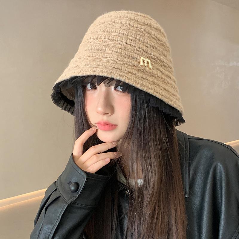 Lace thickened Fisherman's Hat for Autumn and Winter Hat for Women's Casual Big Head Surround Windproof Korean Versatile Warm Hat