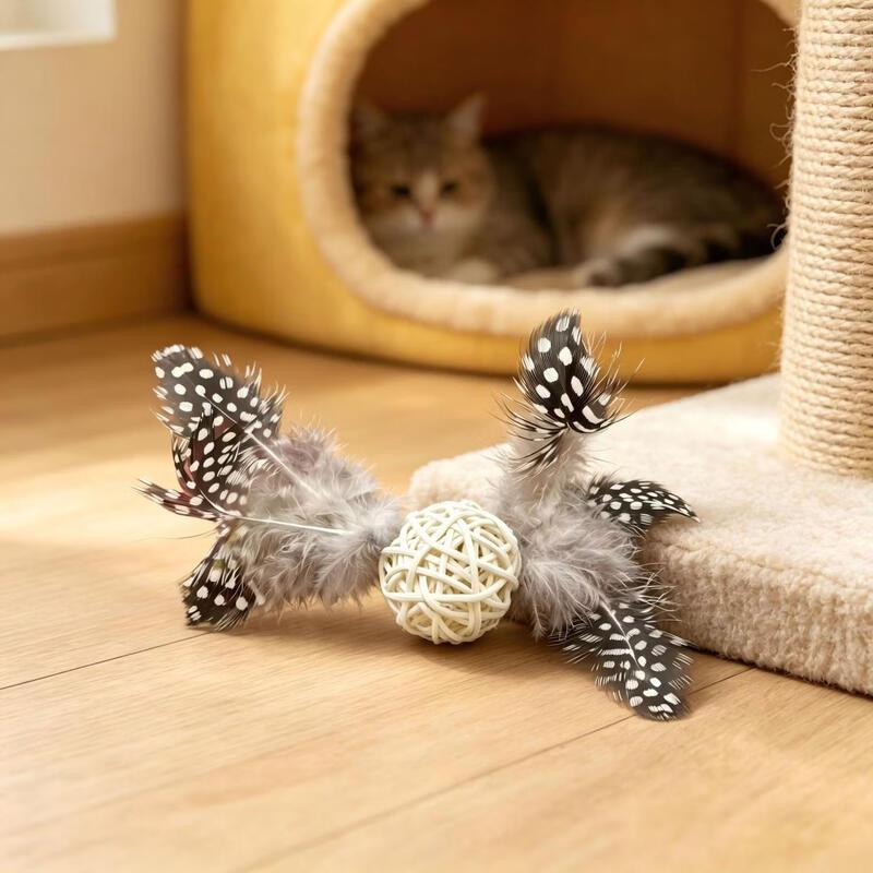 VZZS Rattan Ball Feather Cat Toy Set