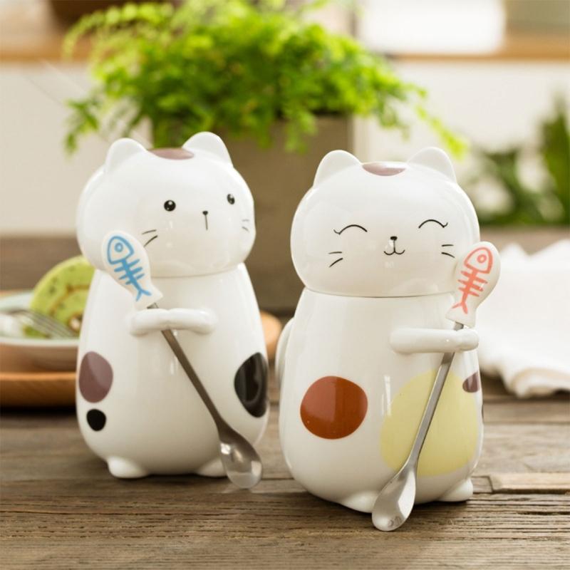 400ml Cats Cup Set with Spoon and Lid Animal Drinkware Cute Cats Coffee Cup with Spoon and Lid Delicate Ceramic Mug Cup