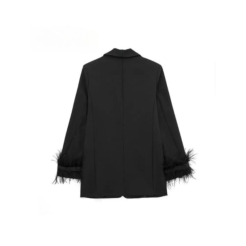 Dámská móda Saténové černé s peřím Sako s klopami Vintage Jednořadé Dlouhý rukáv Dámské outfity