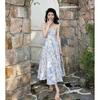 French Blue Oil Painting Long Dress Seaside Vacation Beach Dress Floral Suspender Dress Women's Spring High-end Women's Clothing