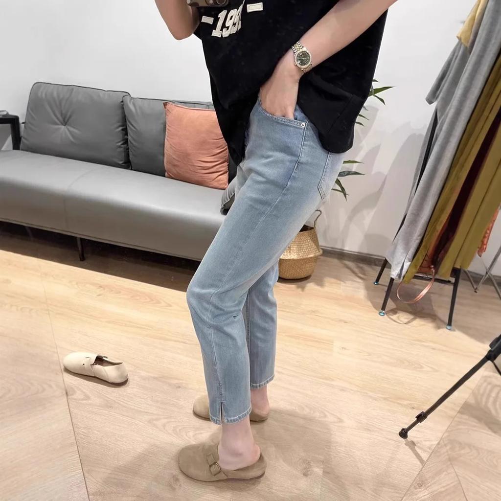 Tencel Eisseide High Waist Straight Leg Jeans Damen Übergröße Sommer Dünn Kleine Figur Schlankmachend Neunröhren Zigarettenhose