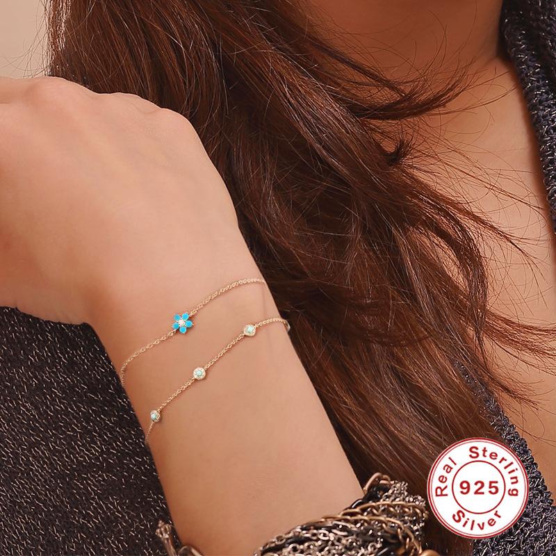 S925 Sterling Silver Personalized Creative Flower Turquoise Temperament Bracelet Style Wear Jewelry