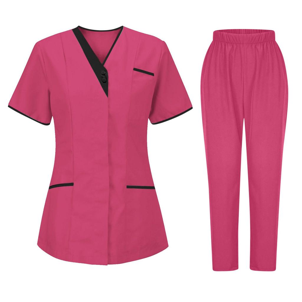 Women's Uniforms Quick Dry Fabrics V-Neck With Pockets Short Sleeves Long Pants Solid Color Workwear Suit