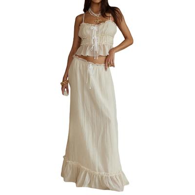 Women's 2 Piece Skirt Outfits Sleeveless Ruffle Trim Camisole Long Tie Up Skirt Set