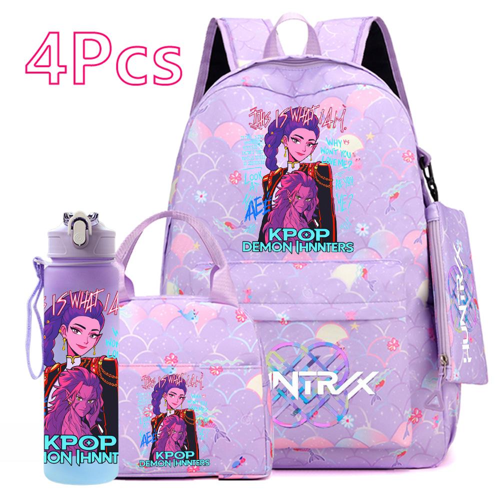 4Pcs/set Anime Cute K-POP Printed Backpack Large Capacity Bookbag HandBag Case Bag with 750ml Water Bottler Boy Girl SchoolBag Waterproof Mochila